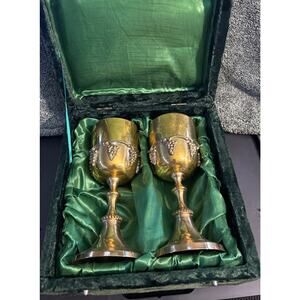 Two Brass Goblets In Green Velvet and Satin Case